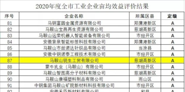 喜报|祝贺、锐生工贸有限公司荣获马鞍山市亩均效益评价A类企业称号！